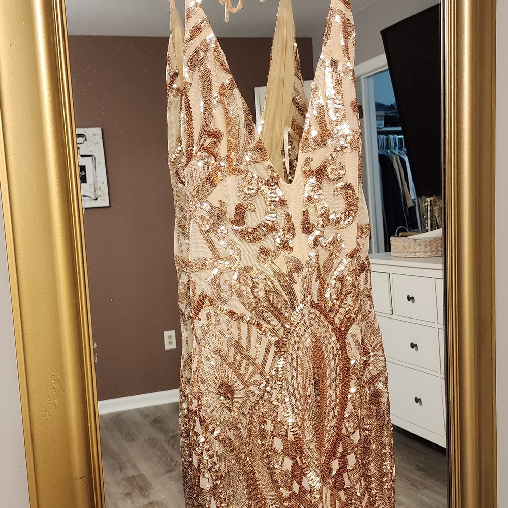 Fashion Nova Rose Gold Sequin Backless Dress